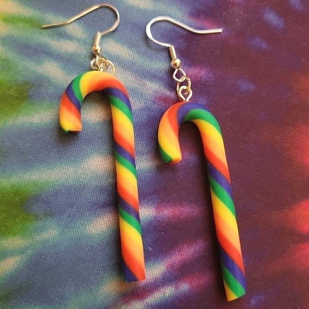 Handmade Rainbow Striped Candy cane Dangle Earrings